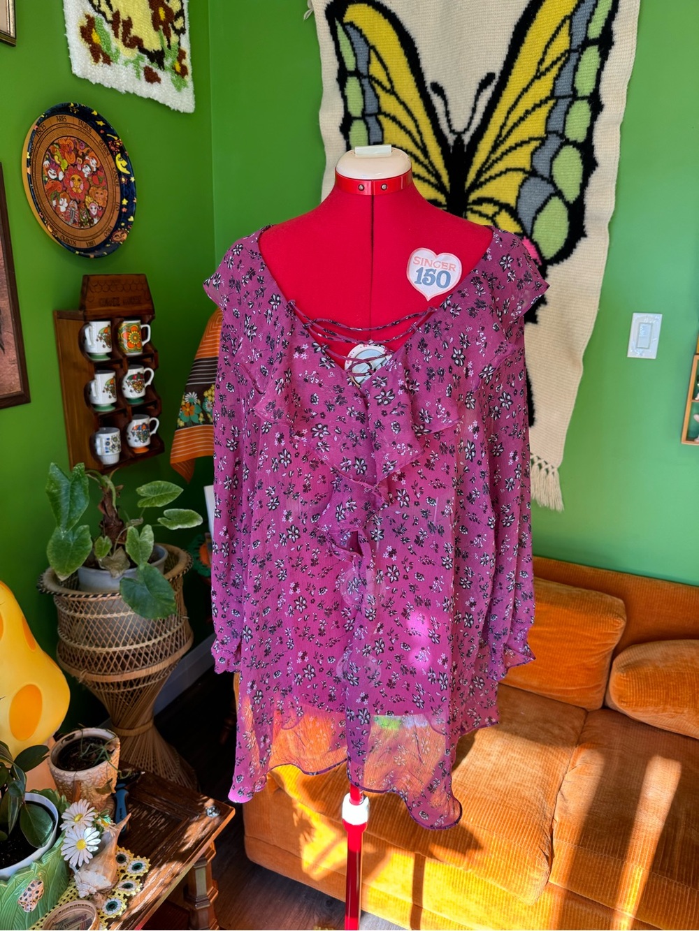 Mauve Floral Lace-Up Boho Blouse